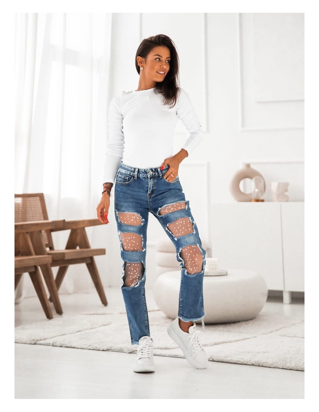 Denim pants with holes and beads 6211 - Online store - Boutique